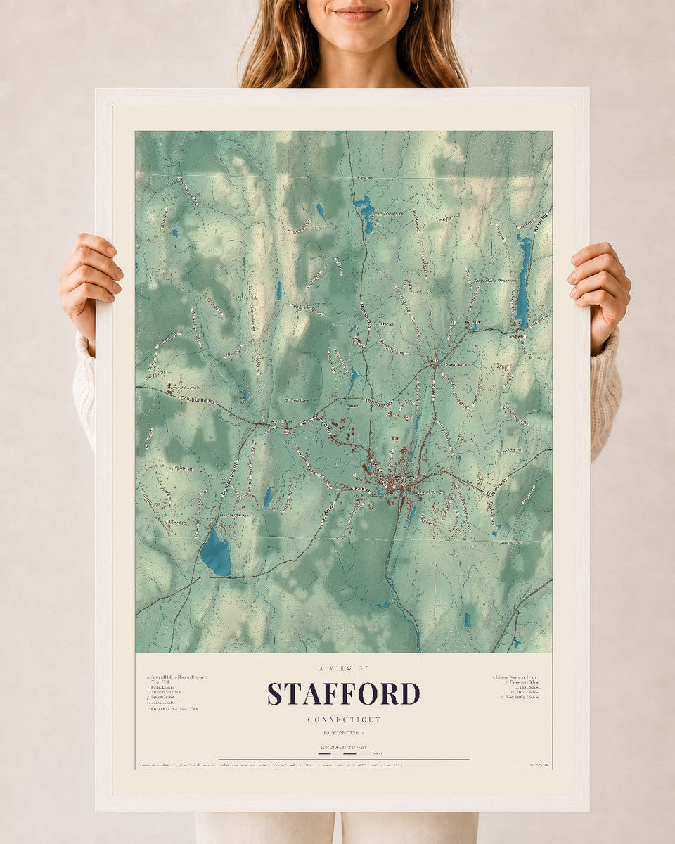 Stafford, Connecticut map print, 24" x 36", W/ White Ayous Wood Frame
