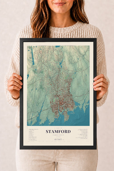 Stamford, Connecticut map print, 12" x 18", W/ Black Ayous Wood Frame
