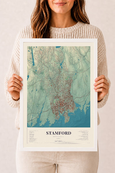Stamford, Connecticut map print, 12" x 18", W/ White Ayous Wood Frame