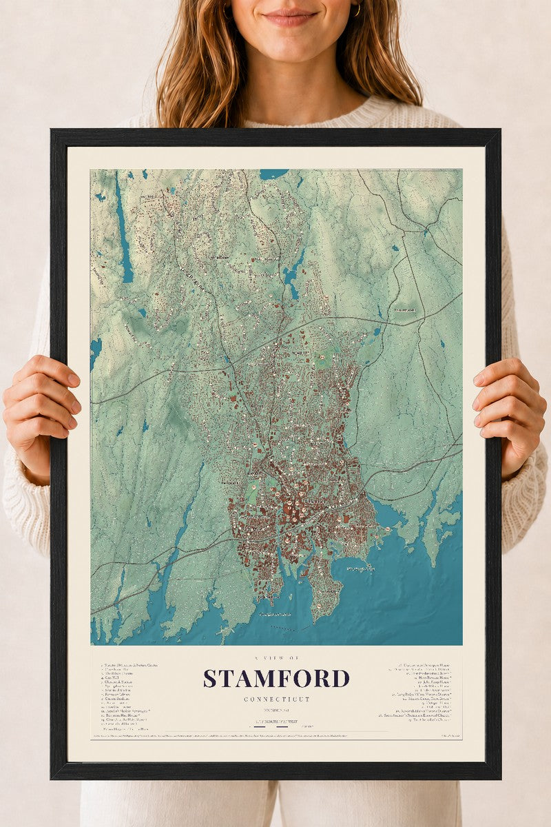Stamford, Connecticut map print, 18" x 24", W/ Black Ayous Wood Frame