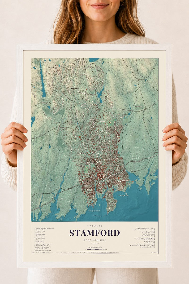 Stamford, Connecticut map print, 18" x 24", W/ White Ayous Wood Frame
