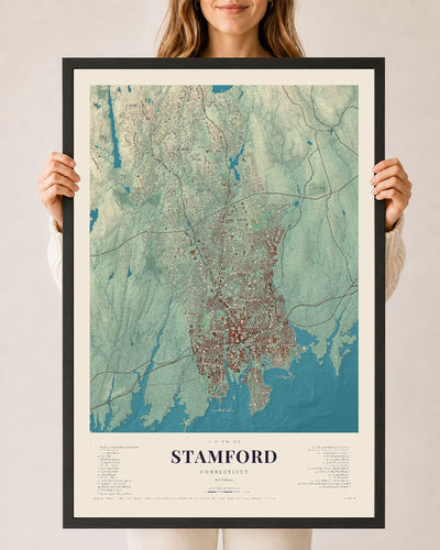 Stamford, Connecticut map print, 24" x 36", W/ Black Ayous Wood Frame
