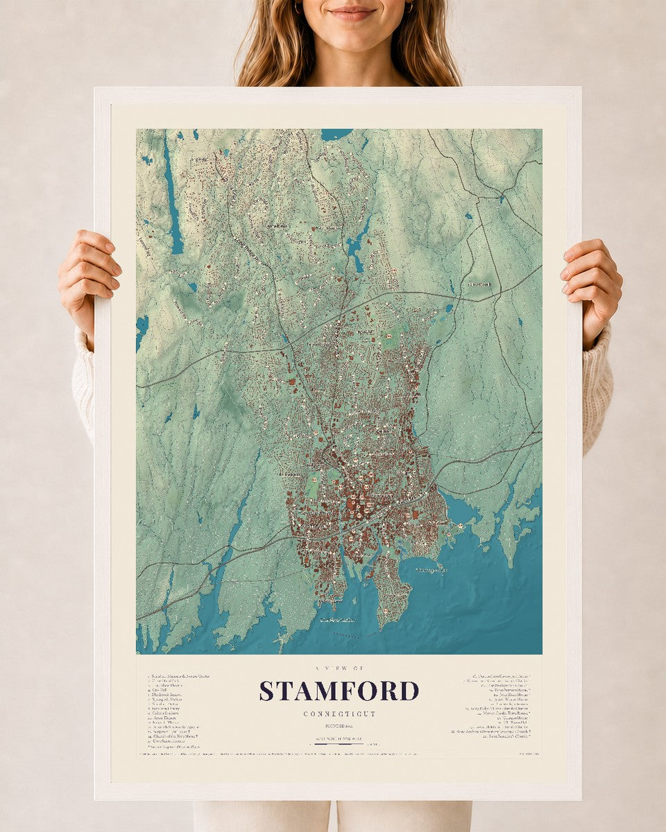 Stamford, Connecticut map print, 24" x 36", W/ White Ayous Wood Frame