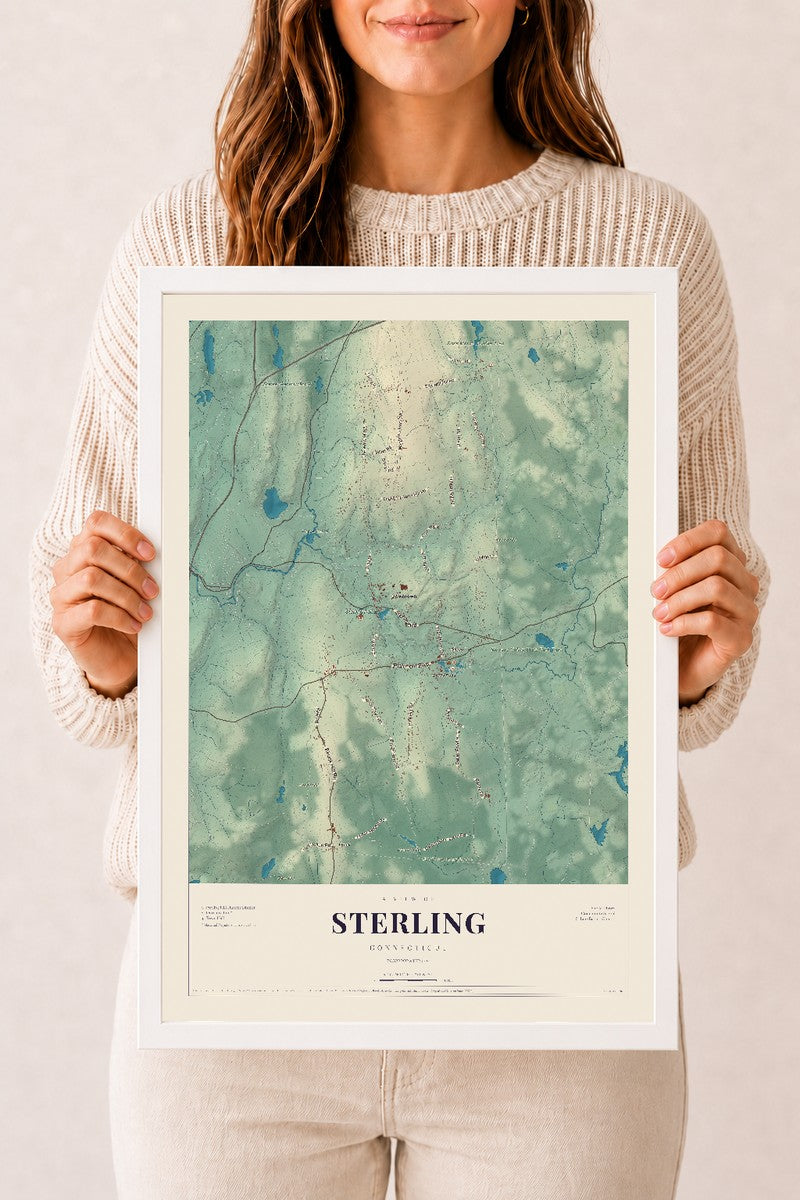 Sterling, Connecticut map print, 12" x 18", W/ White Ayous Wood Frame