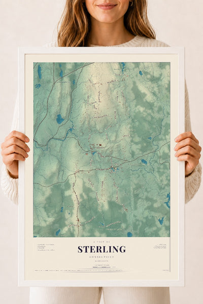 Sterling, Connecticut map print, 18" x 24", W/ White Ayous Wood Frame