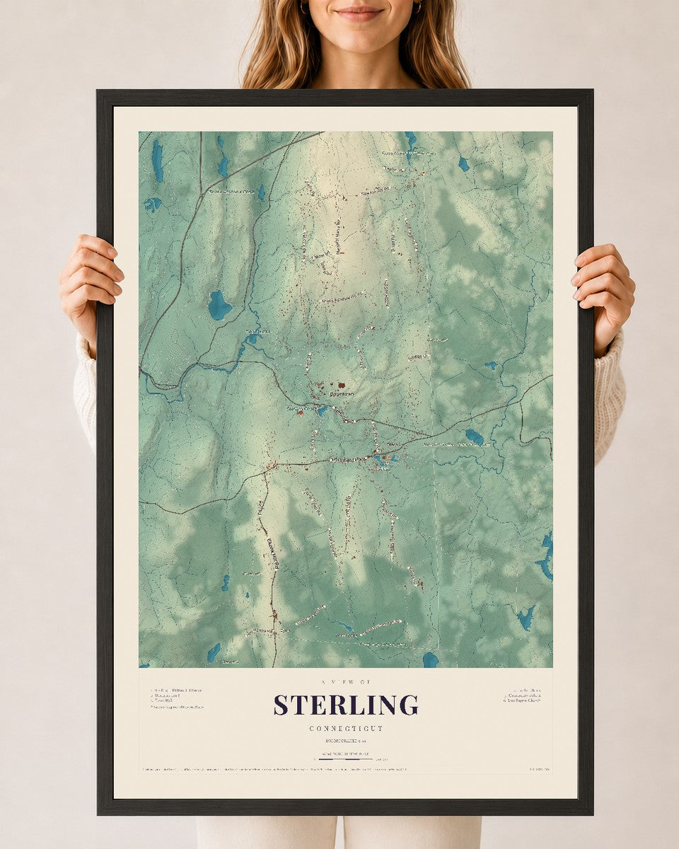 Sterling, Connecticut map print, 24" x 36", W/ Black Ayous Wood Frame