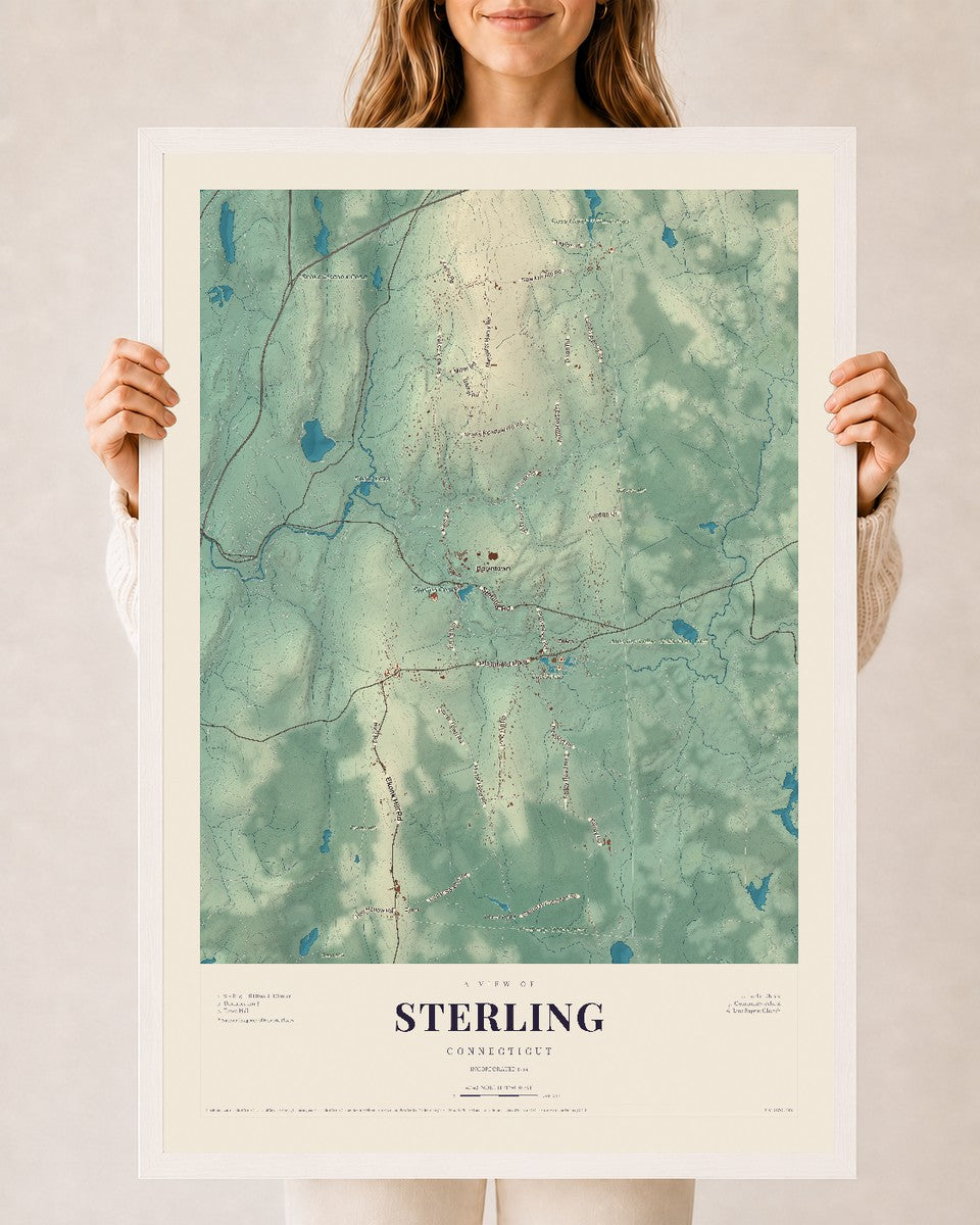 Sterling, Connecticut map print, 24" x 36", W/ White Ayous Wood Frame