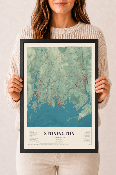 Stonington, Connecticut map print, 12" x 18", W/ Black Ayous Wood Frame