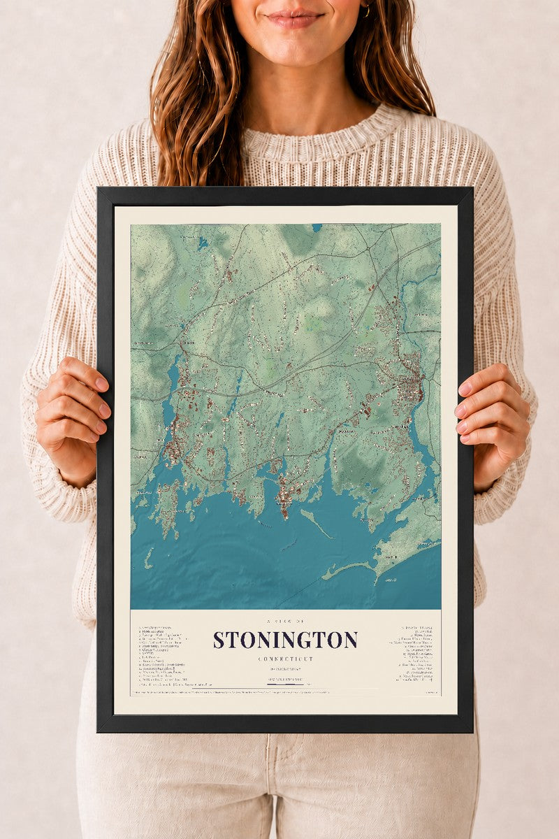 Stonington, Connecticut map print, 12" x 18", W/ Black Ayous Wood Frame