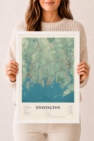 Stonington, Connecticut map print, 12" x 18", W/ White Ayous Wood Frame