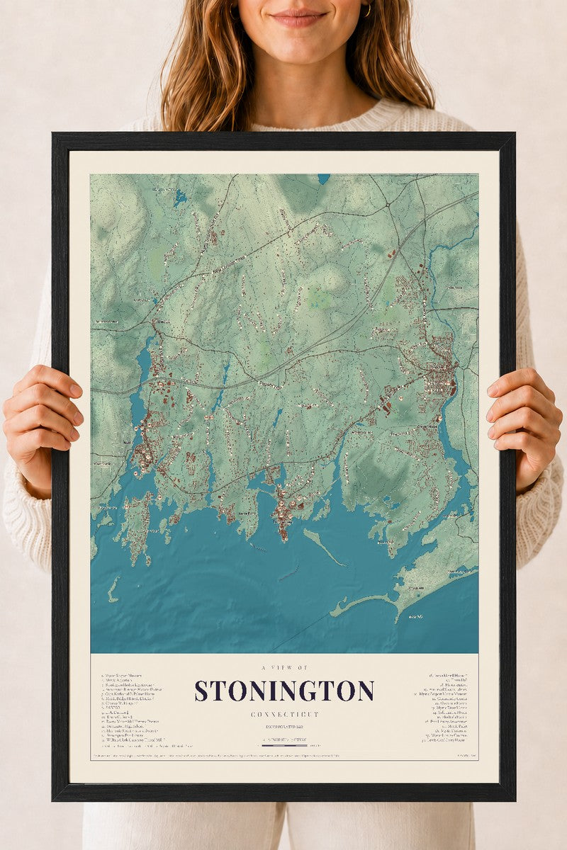 Stonington, Connecticut map print, 18" x 24", W/ Black Ayous Wood Frame