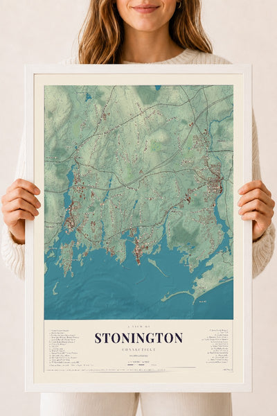 Stonington, Connecticut map print, 18" x 24", W/ White Ayous Wood Frame
