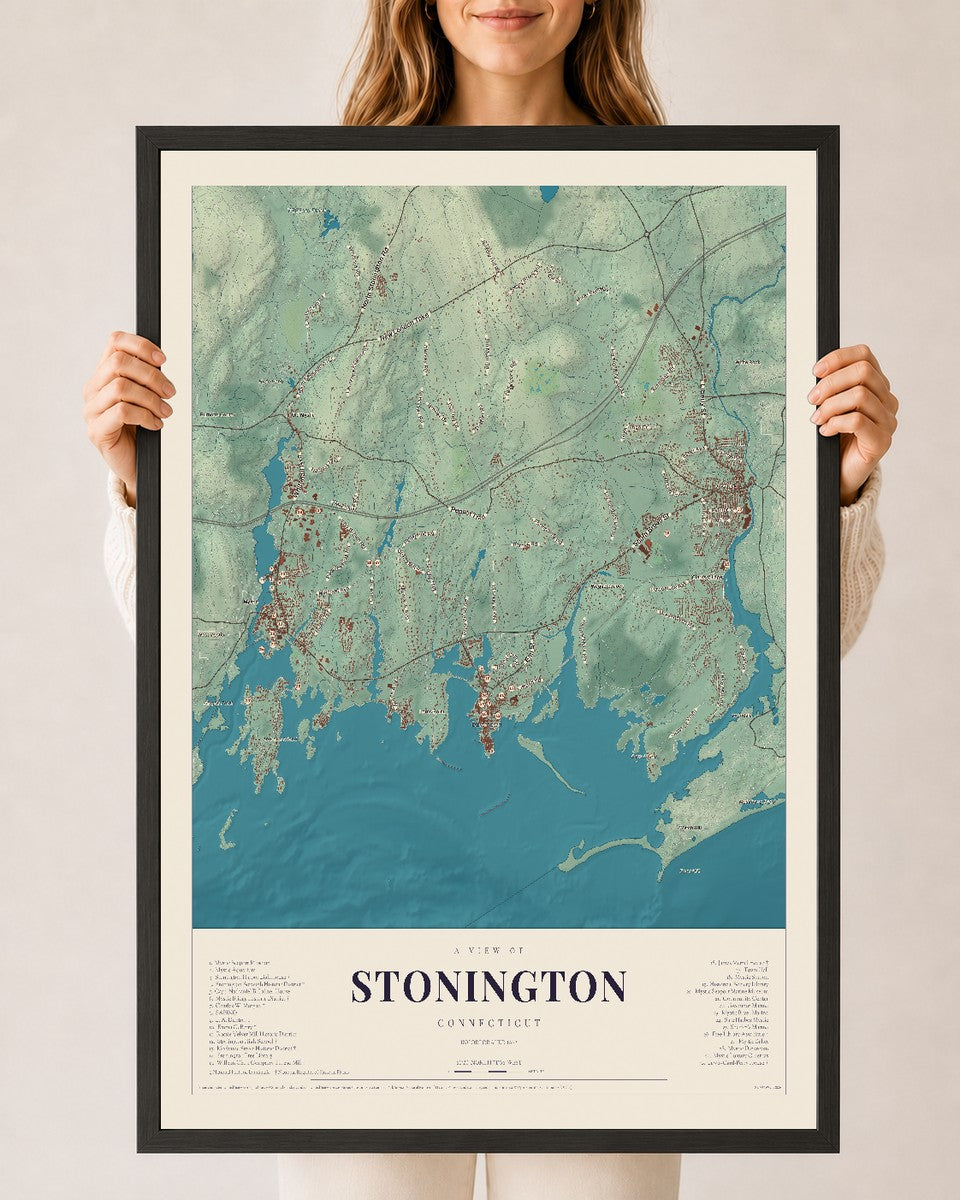 Stonington, Connecticut map print, 24" x 36", W/ Black Ayous Wood Frame
