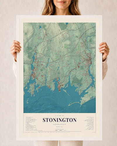 Stonington, Connecticut map print, 24" x 36", W/ White Ayous Wood Frame