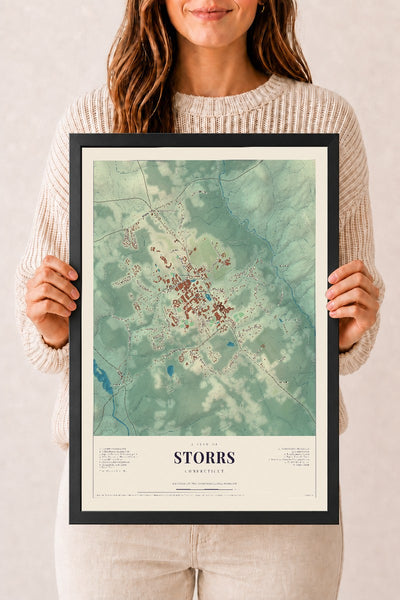 Storrs, Connecticut map print, 12" x 18", W/ Black Ayous Wood Frame