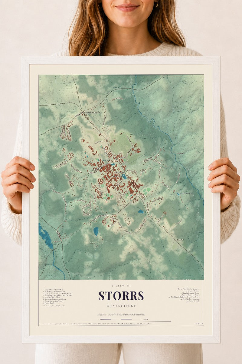 Storrs, Connecticut map print, 18" x 24", W/ White Ayous Wood Frame
