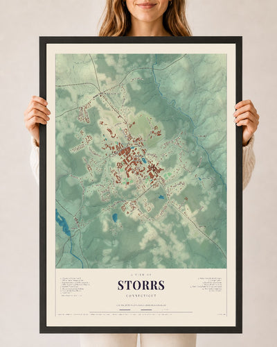 Storrs, Connecticut map print, 24" x 36", W/ Black Ayous Wood Frame