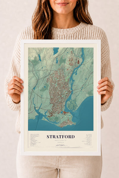 Stratford, Connecticut map print, 12" x 18", W/ White Ayous Wood Frame
