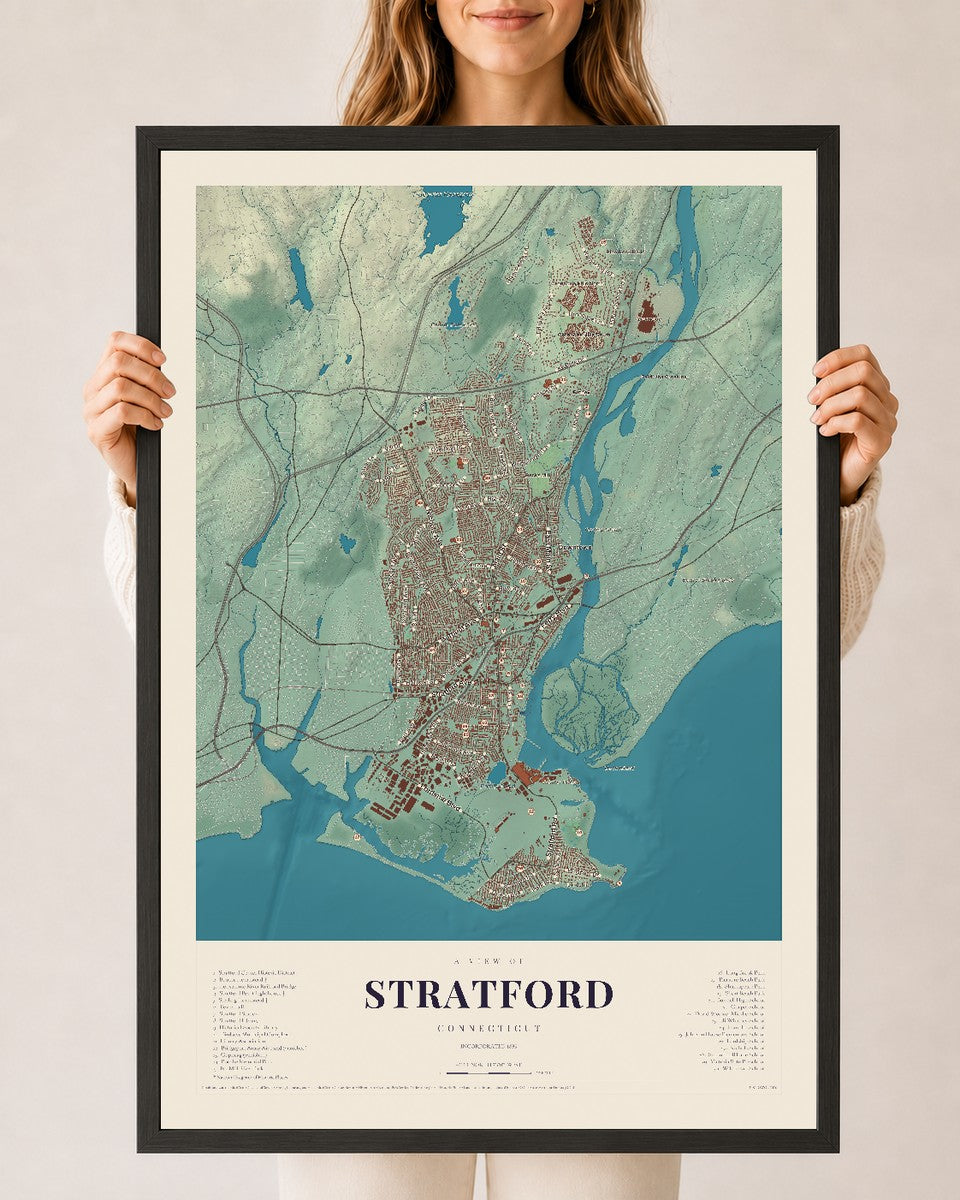 Stratford, Connecticut map print, 24" x 36", W/ Black Ayous Wood Frame