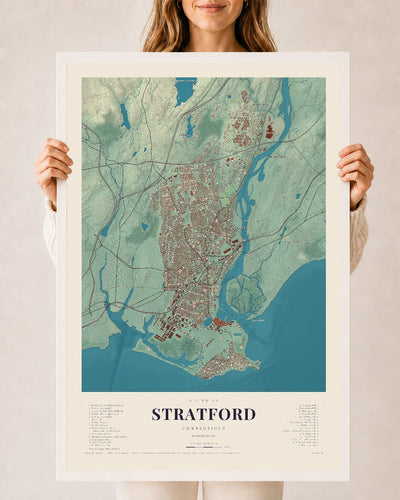 Stratford, Connecticut map print, 24" x 36", W/ White Ayous Wood Frame