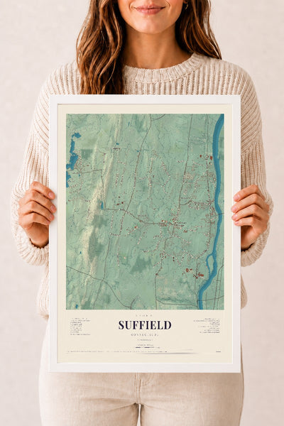 Suffield, Connecticut map print, 12" x 18", W/ White Ayous Wood Frame
