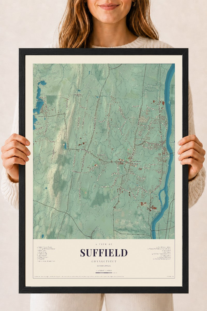 Suffield, Connecticut map print, 18" x 24", W/ Black Ayous Wood Frame