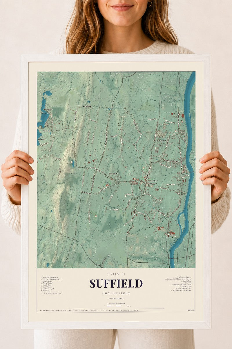 Suffield, Connecticut map print, 18" x 24", W/ White Ayous Wood Frame