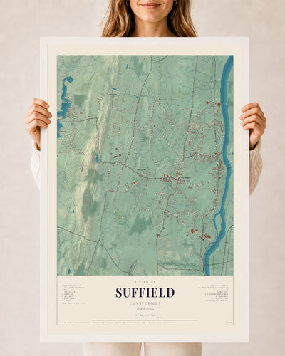 Suffield, Connecticut map print, 24" x 36", W/ White Ayous Wood Frame