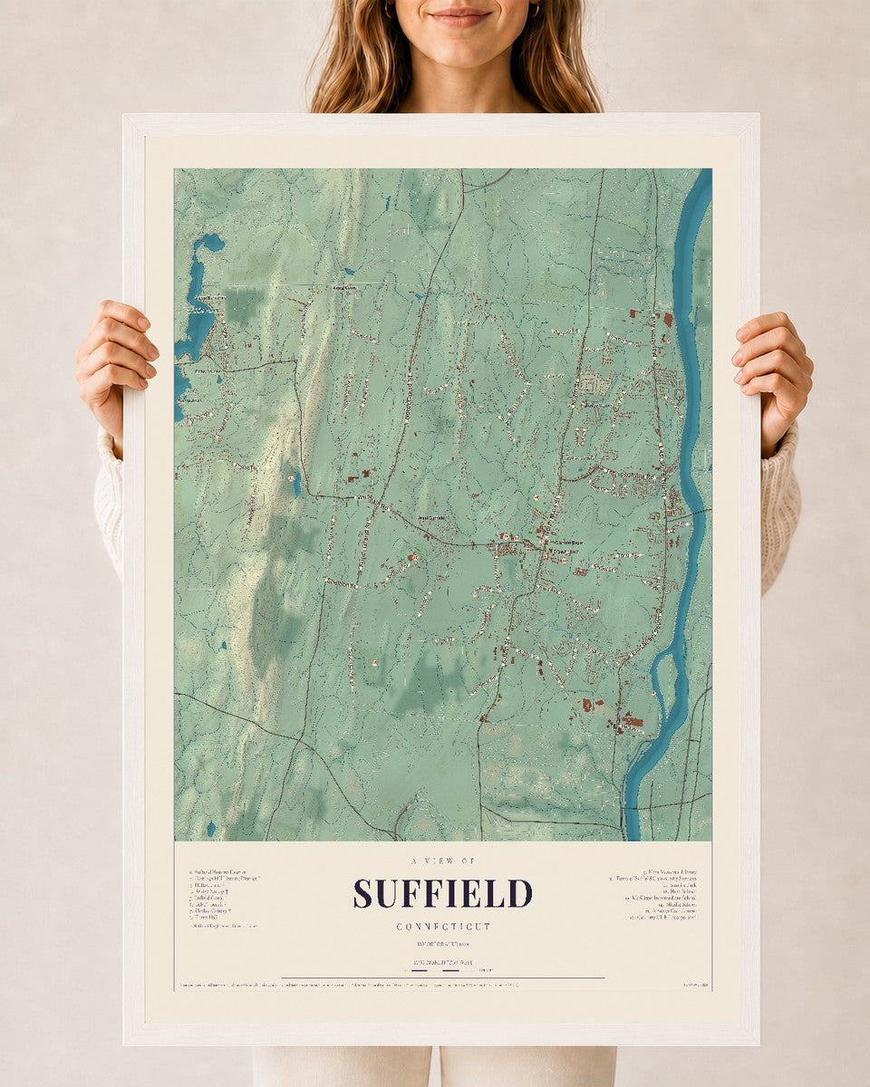Suffield, Connecticut map print, 24" x 36", W/ White Ayous Wood Frame
