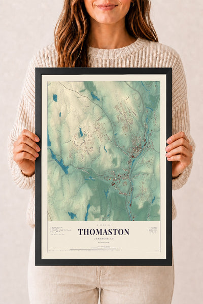 Thomaston, Connecticut map print, 12" x 18", W/ Black Ayous Wood Frame