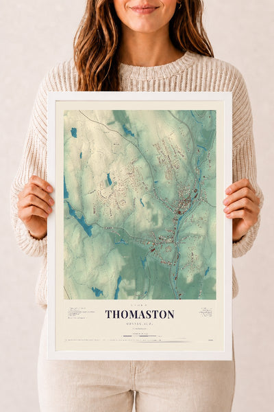 Thomaston, Connecticut map print, 12" x 18", W/ White Ayous Wood Frame