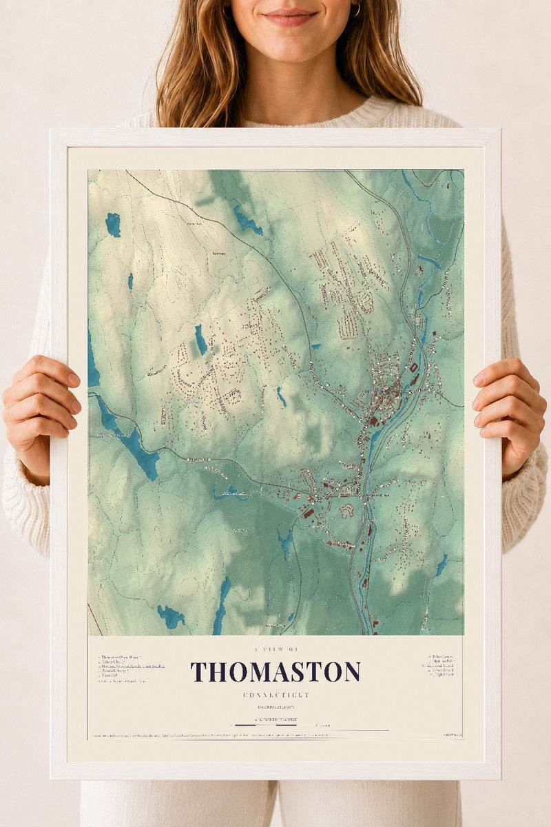 Thomaston, Connecticut map print, 18" x 24", W/ White Ayous Wood Frame