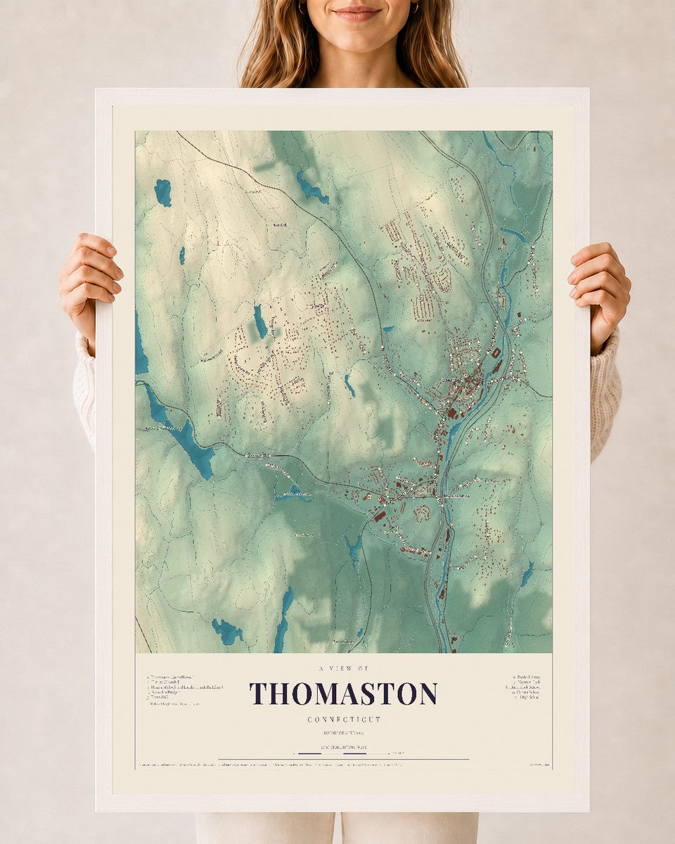 Thomaston, Connecticut map print, 24" x 36", W/ White Ayous Wood Frame