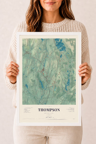 Thompson, Connecticut map print, 12" x 18", W/ White Ayous Wood Frame