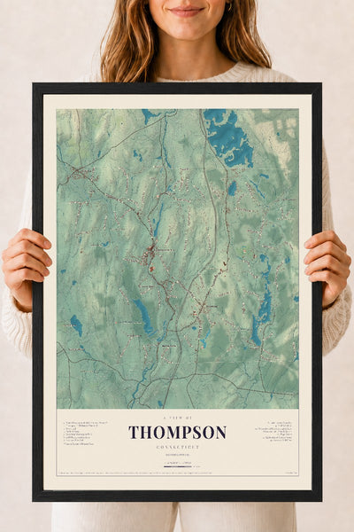 Thompson, Connecticut map print, 18" x 24", W/ Black Ayous Wood Frame