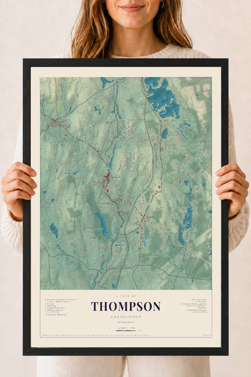 Thompson, Connecticut map print, 18" x 24", W/ Black Ayous Wood Frame