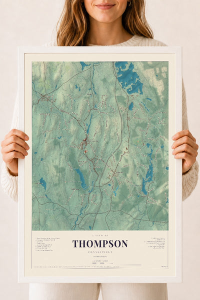 Thompson, Connecticut map print, 18" x 24", W/ White Ayous Wood Frame