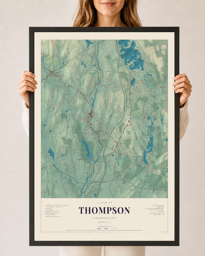 Thompson, Connecticut map print, 24" x 36", W/ Black Ayous Wood Frame