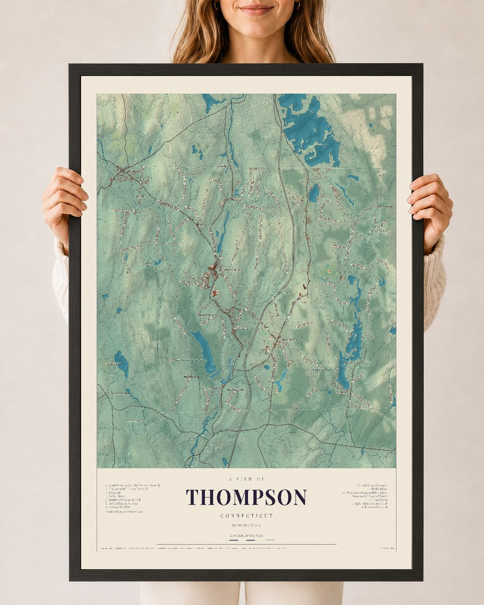 Thompson, Connecticut map print, 24" x 36", W/ Black Ayous Wood Frame
