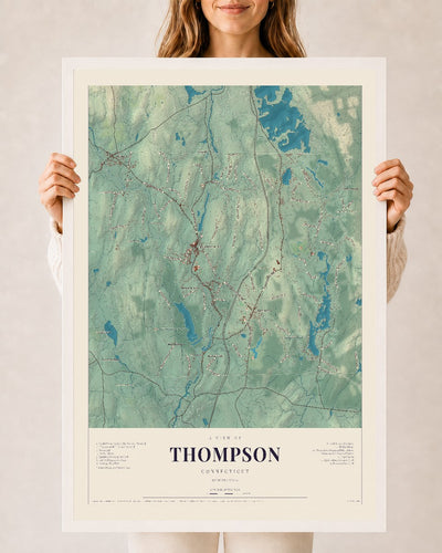 Thompson, Connecticut map print, 24" x 36", W/ White Ayous Wood Frame