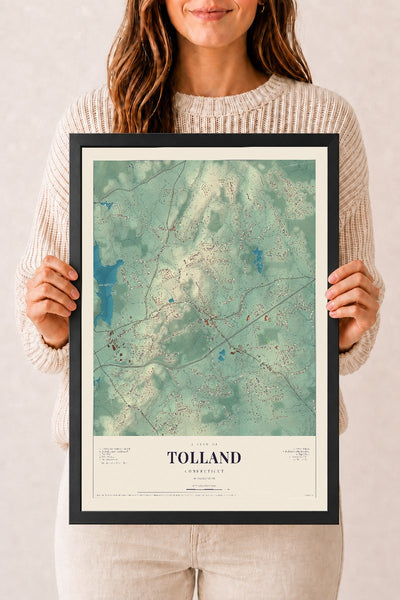 Tolland, Connecticut map print, 12" x 18", W/ Black Ayous Wood Frame