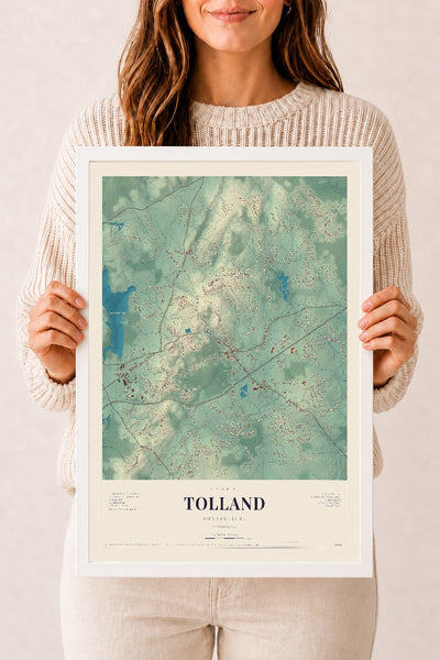 Tolland, Connecticut map print, 12" x 18", W/ White Ayous Wood Frame