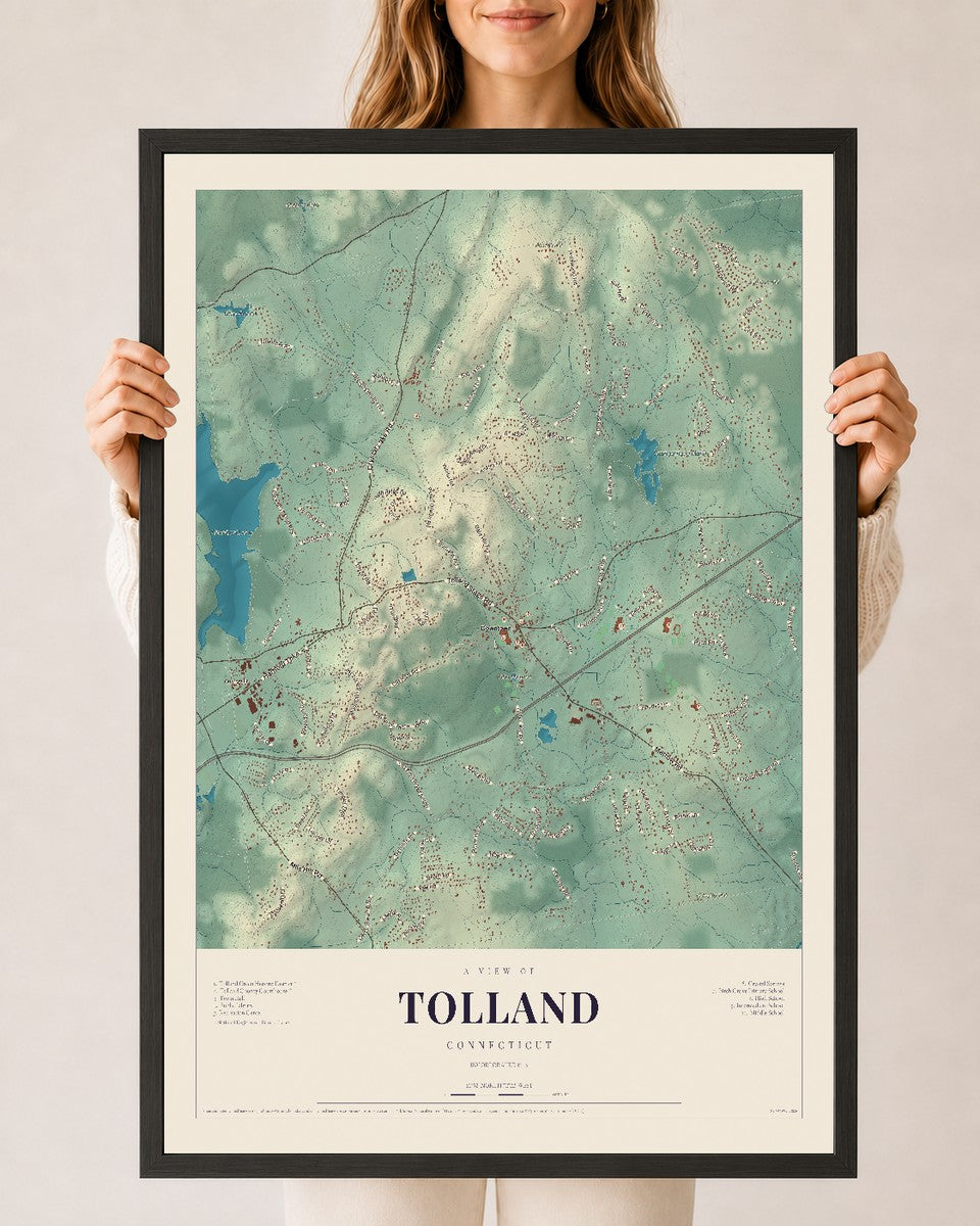 Tolland, Connecticut map print, 24" x 36", W/ Black Ayous Wood Frame