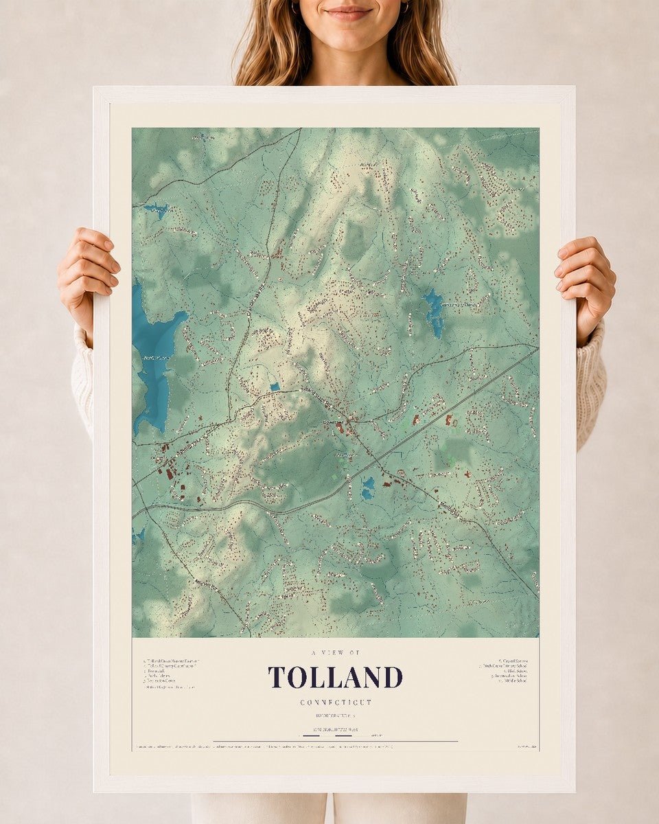 Tolland, Connecticut map print, 24" x 36", W/ White Ayous Wood Frame
