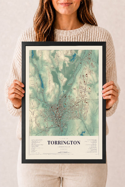 Torrington, Connecticut map print, 12" x 18", W/ Black Ayous Wood Frame