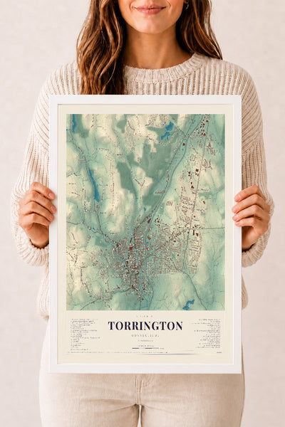 Torrington, Connecticut map print, 12" x 18", W/ White Ayous Wood Frame