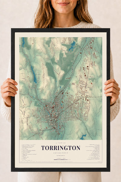 Torrington, Connecticut map print, 18" x 24", W/ Black Ayous Wood Frame