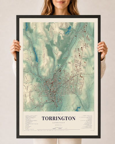 Torrington, Connecticut map print, 24" x 36", W/ Black Ayous Wood Frame