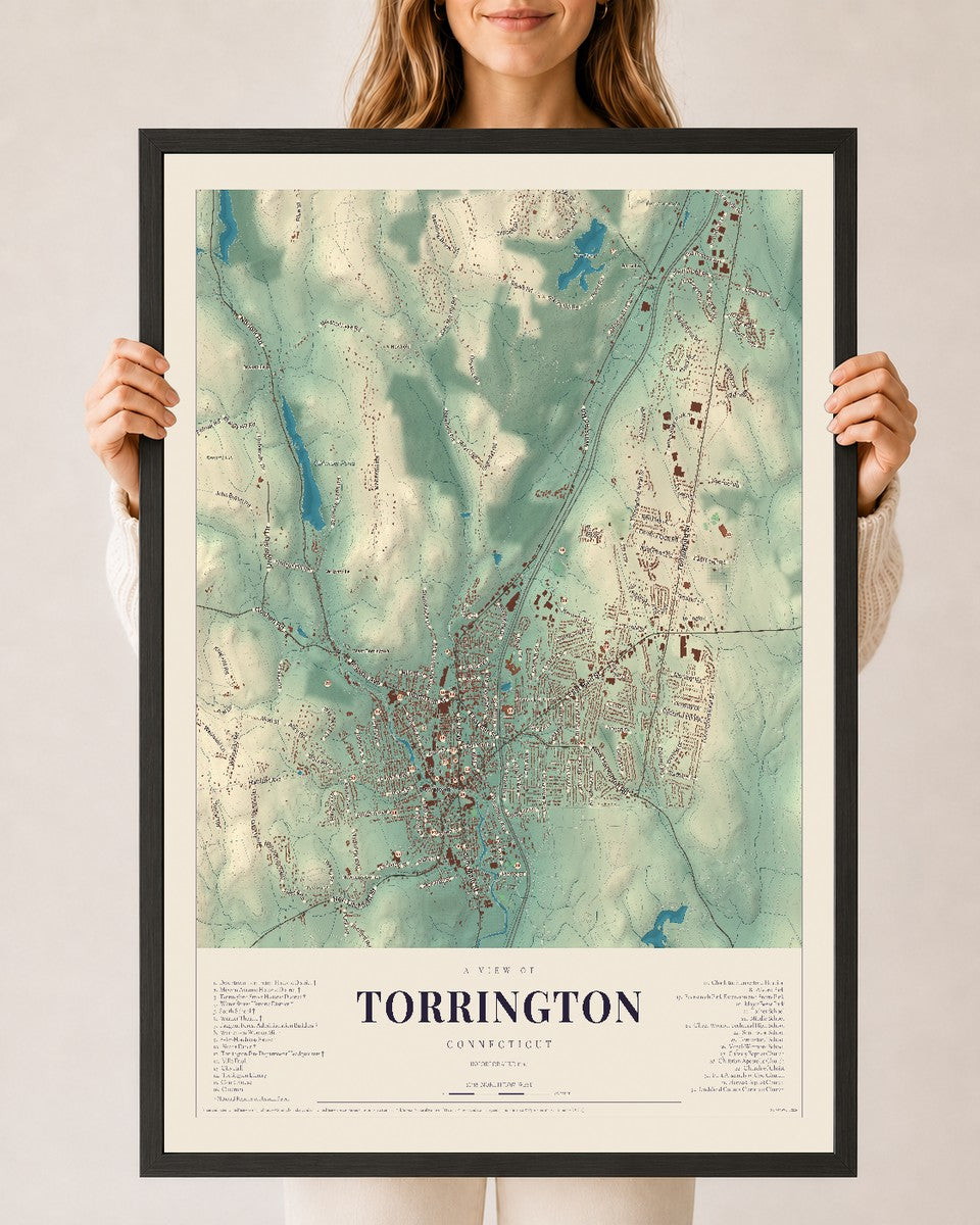 Torrington, Connecticut map print, 24" x 36", W/ Black Ayous Wood Frame