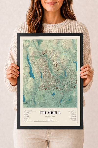 Trumbull, Connecticut map print, 12" x 18", W/ Black Ayous Wood Frame